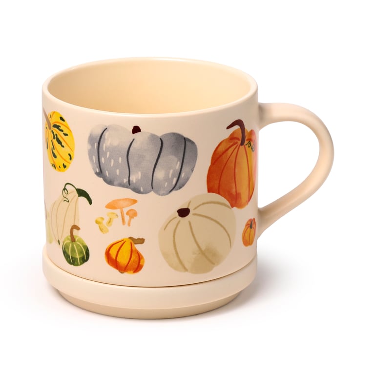 Porcelain Mug & Coaster Lid Set - Autumn Harvest Collection, Microwave and Dishwasher Safe, 420ml