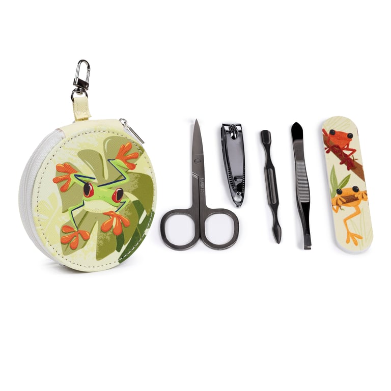 5 Piece Round Manicure Set - Tropical Frogs with Polyurethane and Metal Nail Care Tools