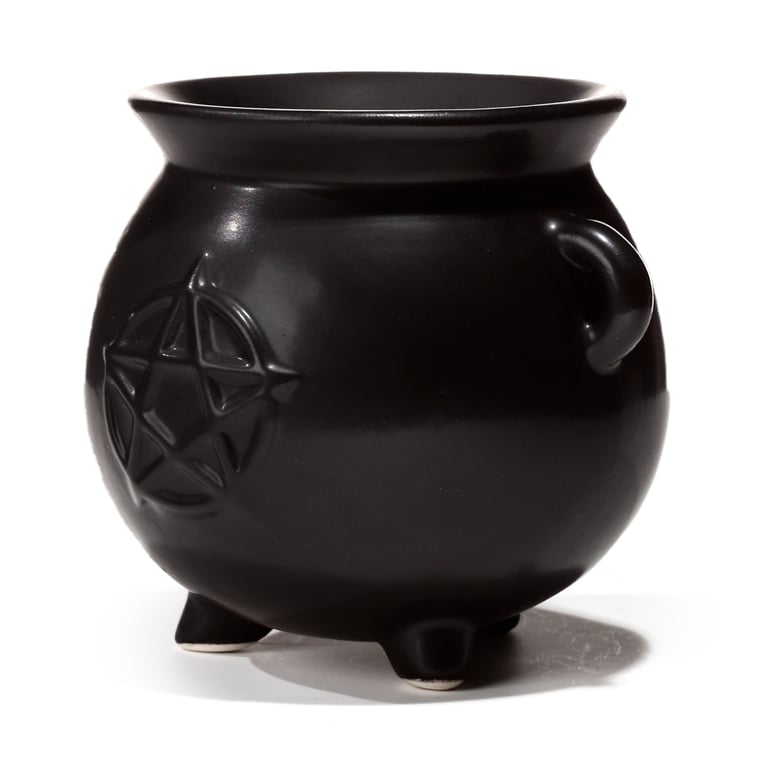 Black Witches Cauldron Shaped Ceramic Dolomite Oil Burner with Pentagram - Perfect Home Aromatherapy Tea Light Oil Burner for Witchcraft Rituals