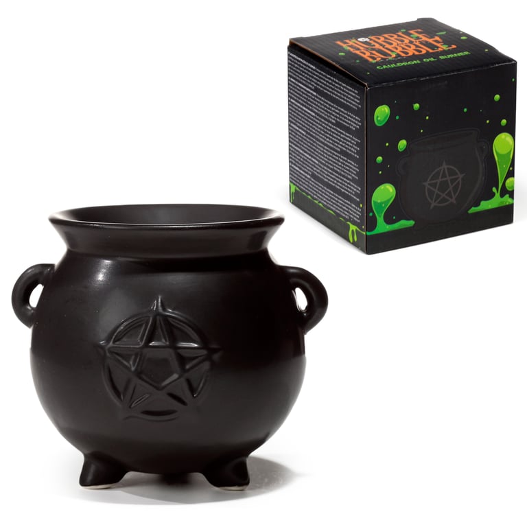 Black Witches Cauldron Shaped Ceramic Dolomite Oil Burner with Pentagram - Perfect Home Aromatherapy Tea Light Oil Burner for Witchcraft Rituals