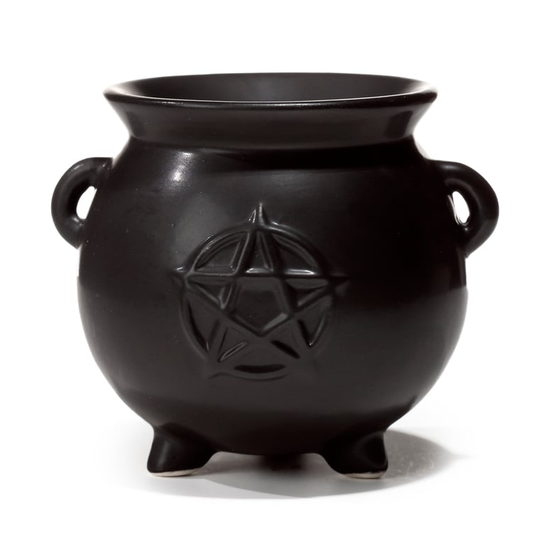 Black Witches Cauldron Shaped Ceramic Dolomite Oil Burner with Pentagram - Perfect Home Aromatherapy Tea Light Oil Burner for Witchcraft Rituals