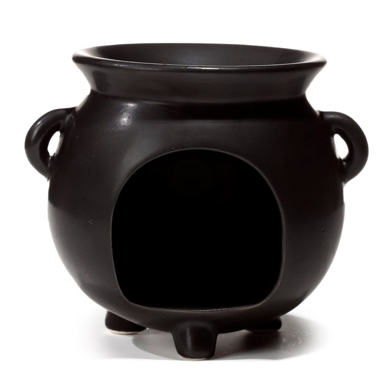 Black Witches Cauldron Shaped Ceramic Dolomite Oil Burner with Pentagram - Perfect Home Aromatherapy Tea Light Oil Burner for Witchcraft Rituals