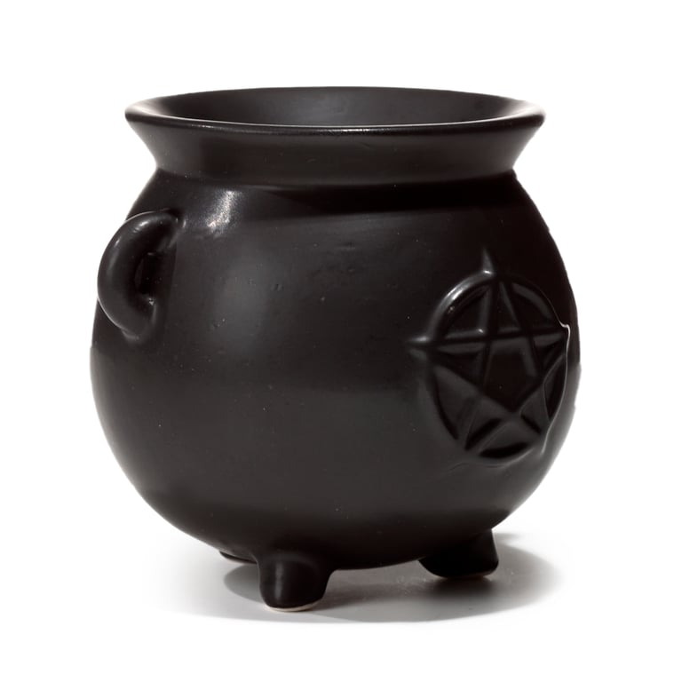 Black Witches Cauldron Shaped Ceramic Dolomite Oil Burner with Pentagram - Perfect Home Aromatherapy Tea Light Oil Burner for Witchcraft Rituals
