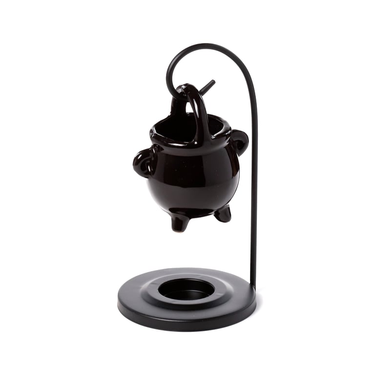 Ceramic Hanging Black Cauldron Oil Burner - Porcelain Dish with Iron Base