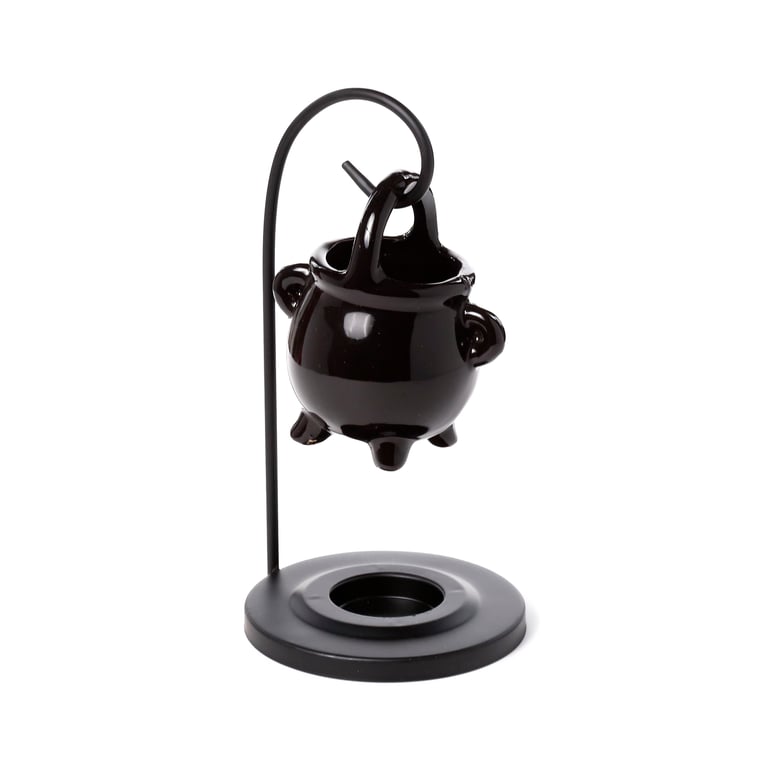 Ceramic Hanging Black Cauldron Oil Burner - Porcelain Dish with Iron Base