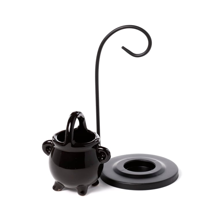 Ceramic Hanging Black Cauldron Oil Burner - Porcelain Dish with Iron Base