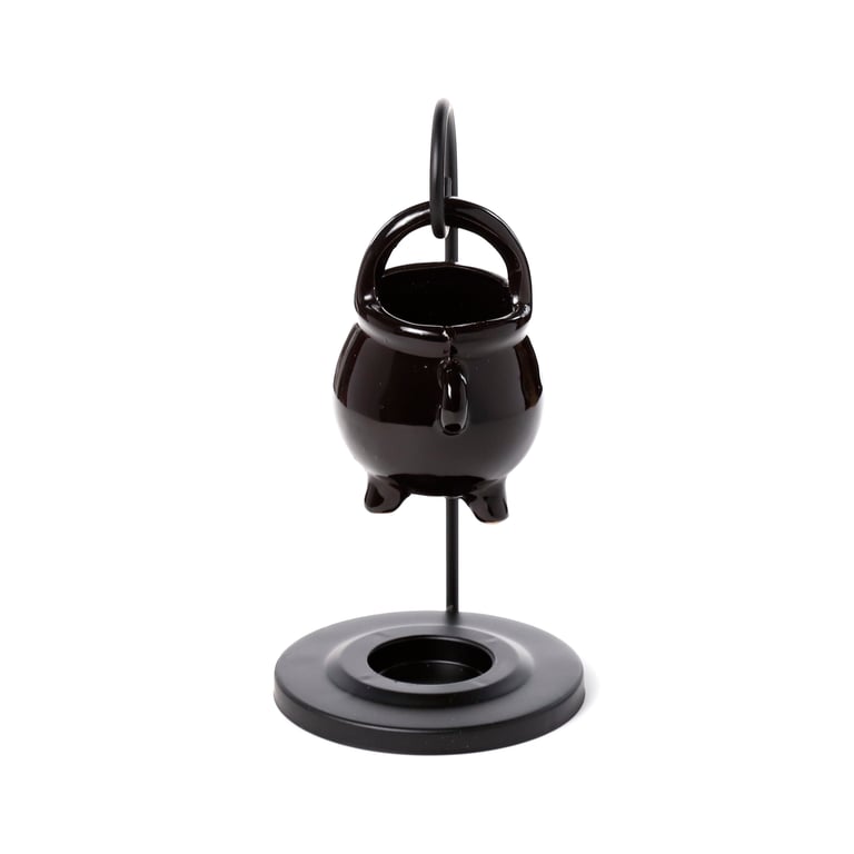 Ceramic Hanging Black Cauldron Oil Burner - Porcelain Dish with Iron Base