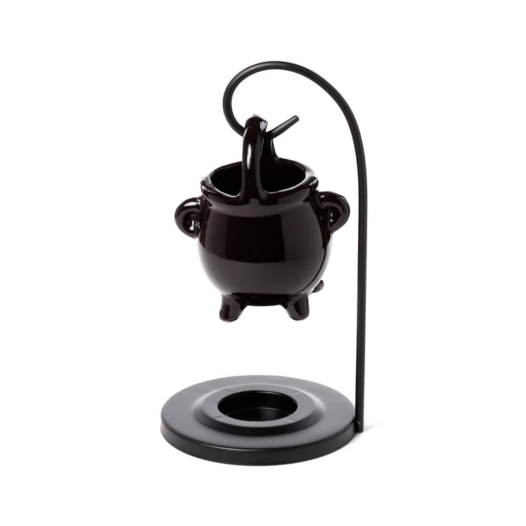 Ceramic Hanging Black Cauldron Oil Burner - Porcelain Dish with Iron Base