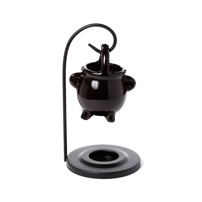 Ceramic Hanging Black Cauldron Oil Burner - Porcelain Dish with Iron Base