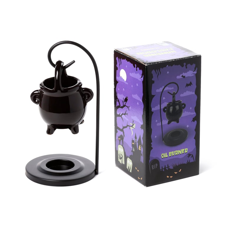 Ceramic Hanging Black Cauldron Oil Burner - Porcelain Dish with Iron Base
