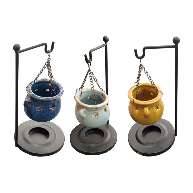 Eden Cauldron Hanging Porcelain Oil Burner with Metal Base and Middle Temperature Dish Porcelain