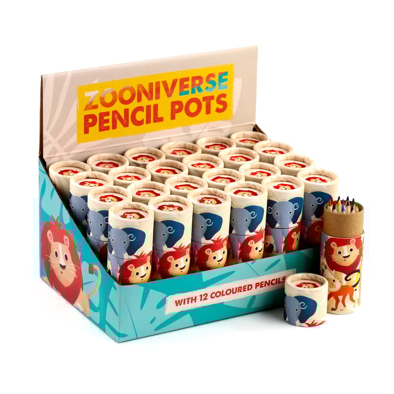Zooniverse 2022 Wooden Colouring Pencil Tube - 12 Assorted Coloured Pencils in Poplar Wood Card Tube