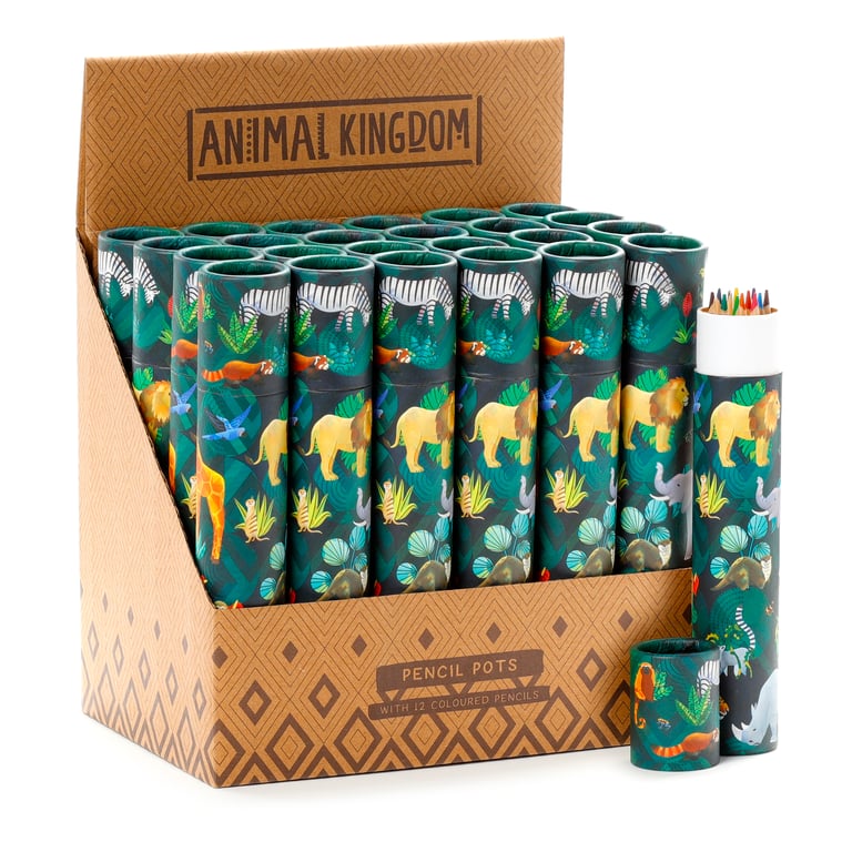 Large Colouring Pencil Tube - Animal Kingdom Set of 12 Assorted Wooden Colours in Poplar Wood Card Storage