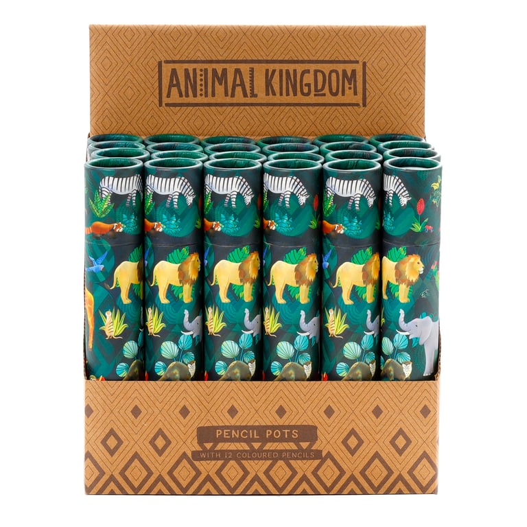 Large Colouring Pencil Tube - Animal Kingdom Set of 12 Assorted Wooden Colours in Poplar Wood Card Storage