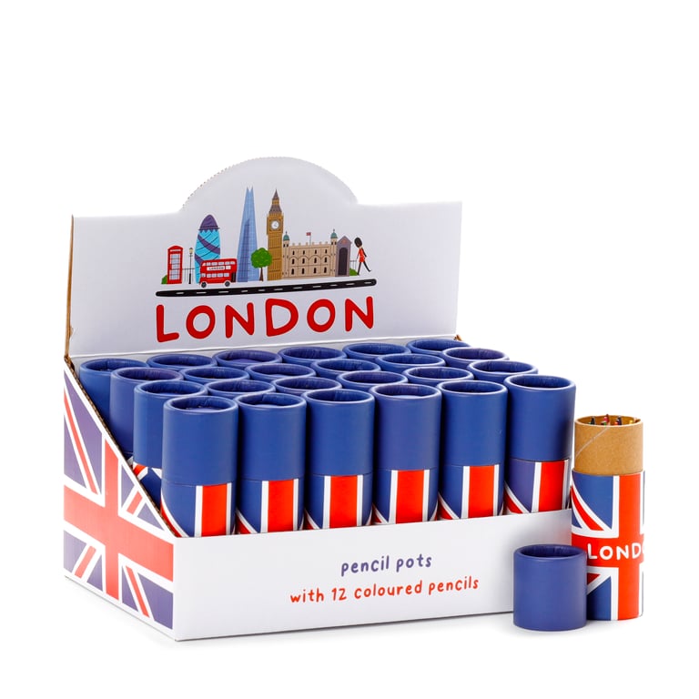 Wooden Colouring Pencil Set - 12 Piece Union Jack Design, Handcrafted Wood and Card Construction, Assorted Colours for Kids and Adults