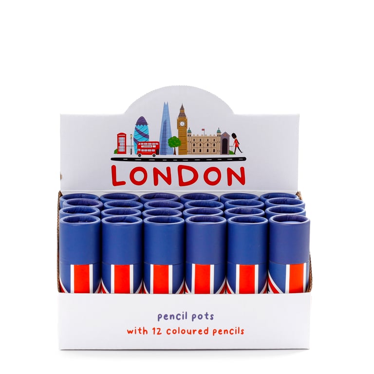 Wooden Colouring Pencil Set - 12 Piece Union Jack Design, Handcrafted Wood and Card Construction, Assorted Colours for Kids and Adults
