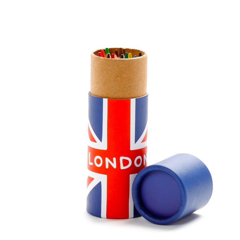 Wooden Colouring Pencil Set - 12 Piece Union Jack Design, Handcrafted Wood and Card Construction, Assorted Colours for Kids and Adults