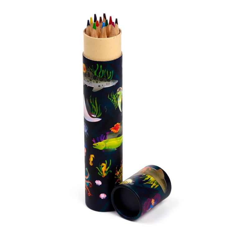 Large Colouring Pencil Set - 12 Piece Marine Kingdom Assorted Colours in Poplar Wood Card Tubes