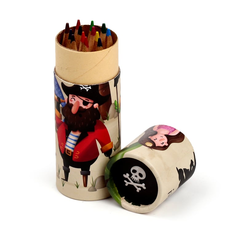 Jolly Rogers Pirate Colouring Pencil Tube Set - 12 Assorted Colours, Poplar Wood & Card Material