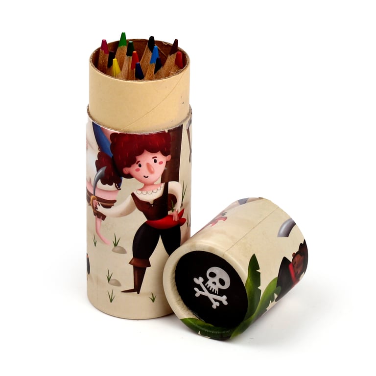 Jolly Rogers Pirate Colouring Pencil Tube Set - 12 Assorted Colours, Poplar Wood & Card Material
