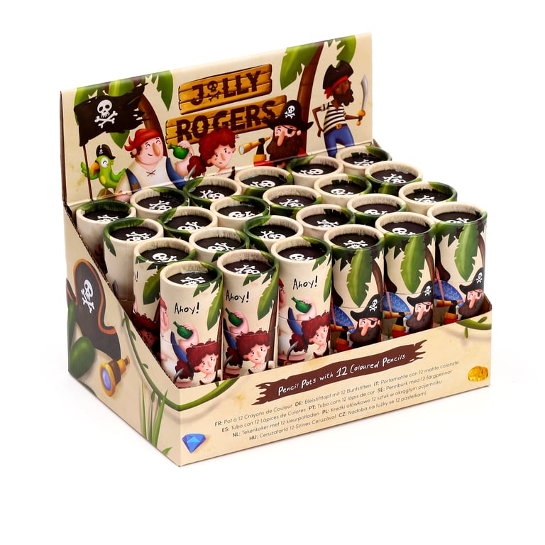 Jolly Rogers Pirate Colouring Pencil Tube Set - 12 Assorted Colours, Poplar Wood & Card Material