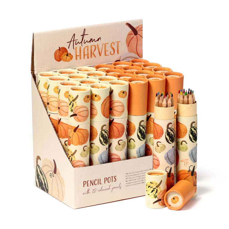 Large Colouring Pencil Tube - 12 Assorted Colours, Autumn Harvest Wooden Pencils Set for Halloween Crafts and Decorations