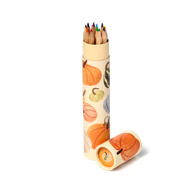 Large Colouring Pencil Tube - 12 Assorted Colours, Autumn Harvest Wooden Pencils Set for Halloween Crafts and Decorations