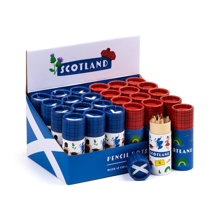 Scotland Souvenir Colouring Pencil Tube - 12 Assorted Coloured Wooden Pencils in Poplar Wood Card Tube Set