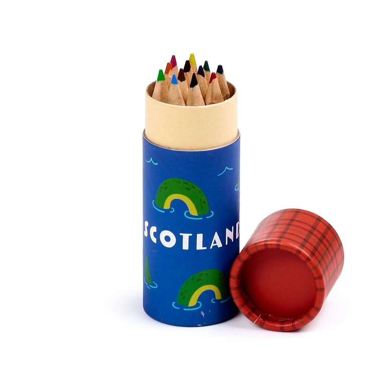 Scotland Souvenir Colouring Pencil Tube - 12 Assorted Coloured Wooden Pencils in Poplar Wood Card Tube Set