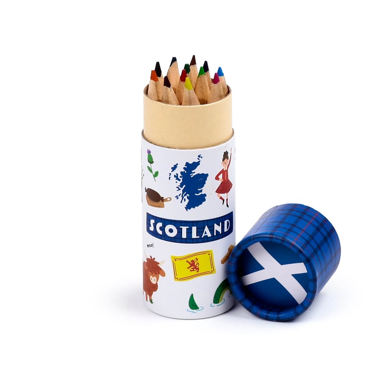 Scotland Souvenir Colouring Pencil Tube - 12 Assorted Coloured Wooden Pencils in Poplar Wood Card Tube Set