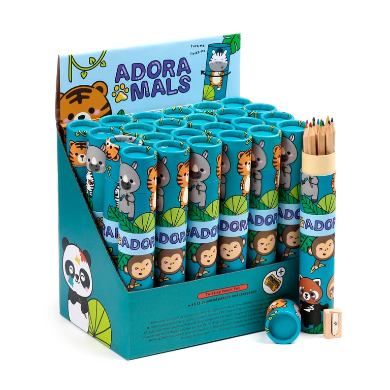 12-Piece Poplar Wood Colouring Pencil Set with Sharpener and Twist Top Tube Case
