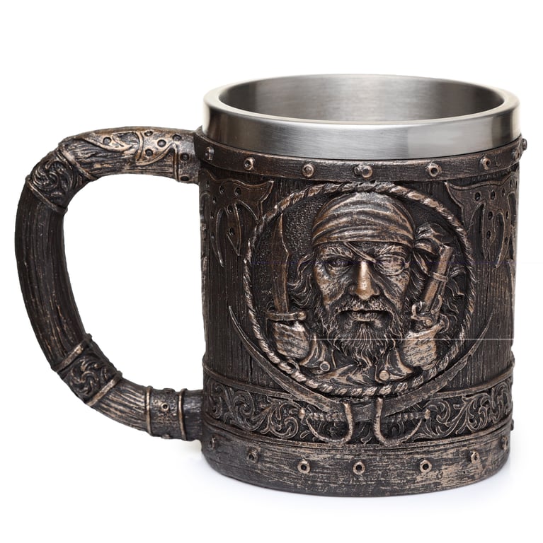 Brushed Gold Wood Effect Pirate Decorative Tankard - Resin & Stainless Steel
