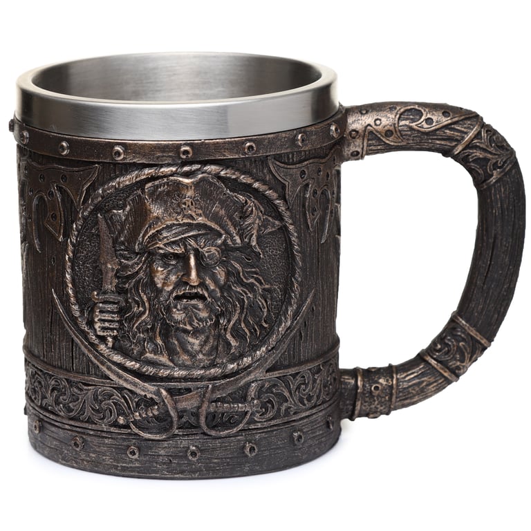 Brushed Gold Wood Effect Pirate Decorative Tankard - Resin & Stainless Steel