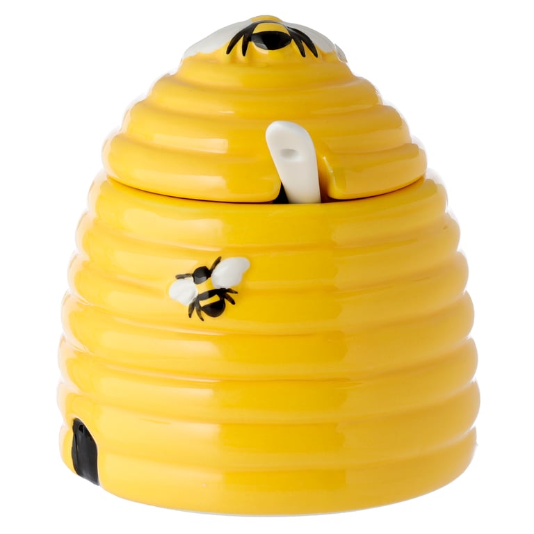 Dolomite Ceramic Beehive Shaped Pot with Lid and Spoon - Food Safe and Durable