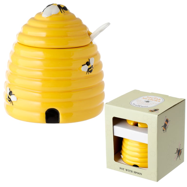 Dolomite Ceramic Beehive Shaped Pot with Lid and Spoon - Food Safe and Durable