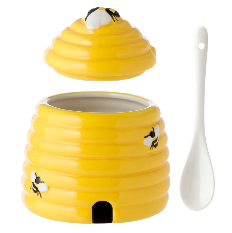 Dolomite Ceramic Beehive Shaped Pot with Lid and Spoon - Food Safe and Durable