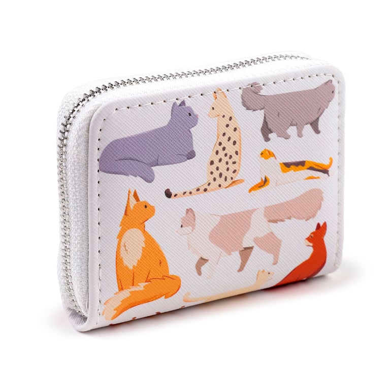 Small Zip Around Wallet - Feline Fine Cats PVC Card Holder Wallet with Metal Zip Closure
