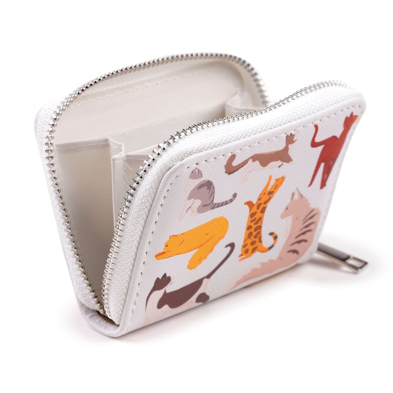 Small Zip Around Wallet - Feline Fine Cats PVC Card Holder Wallet with Metal Zip Closure