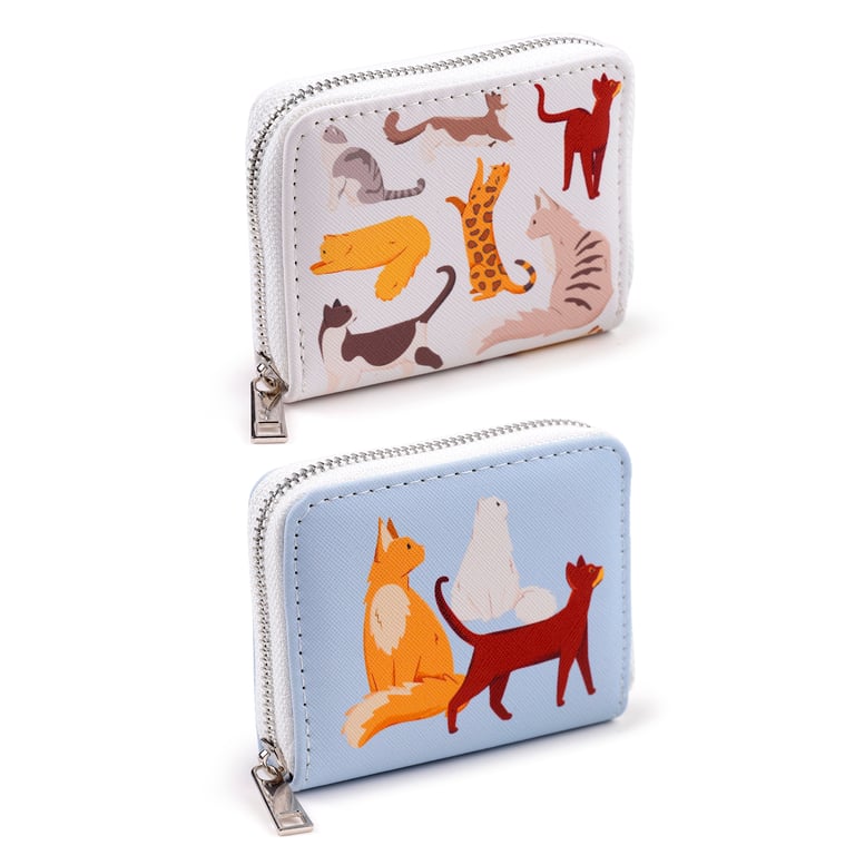 Small Zip Around Wallet - Feline Fine Cats PVC Card Holder Wallet with Metal Zip Closure