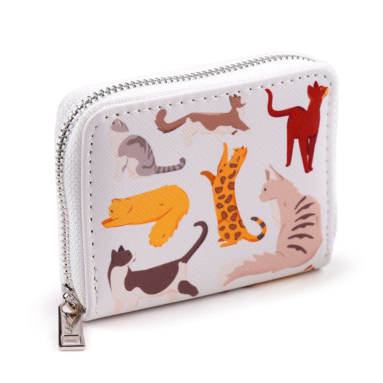 Small Zip Around Wallet - Feline Fine Cats PVC Card Holder Wallet with Metal Zip Closure
