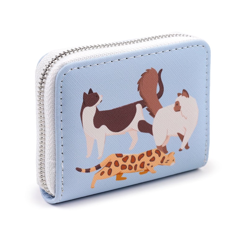 Small Zip Around Wallet - Feline Fine Cats PVC Card Holder Wallet with Metal Zip Closure