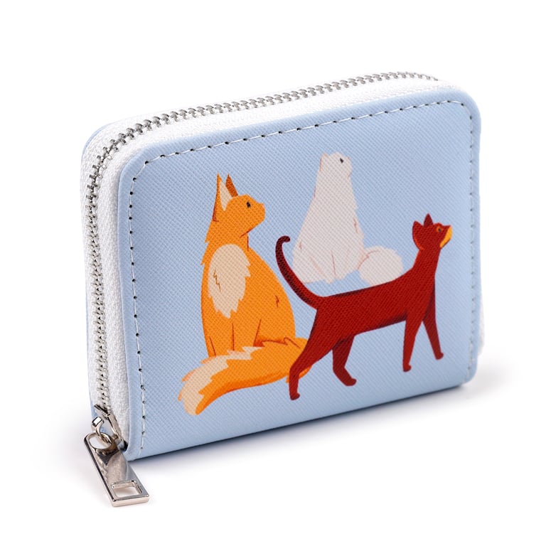 Small Zip Around Wallet - Feline Fine Cats PVC Card Holder Wallet with Metal Zip Closure