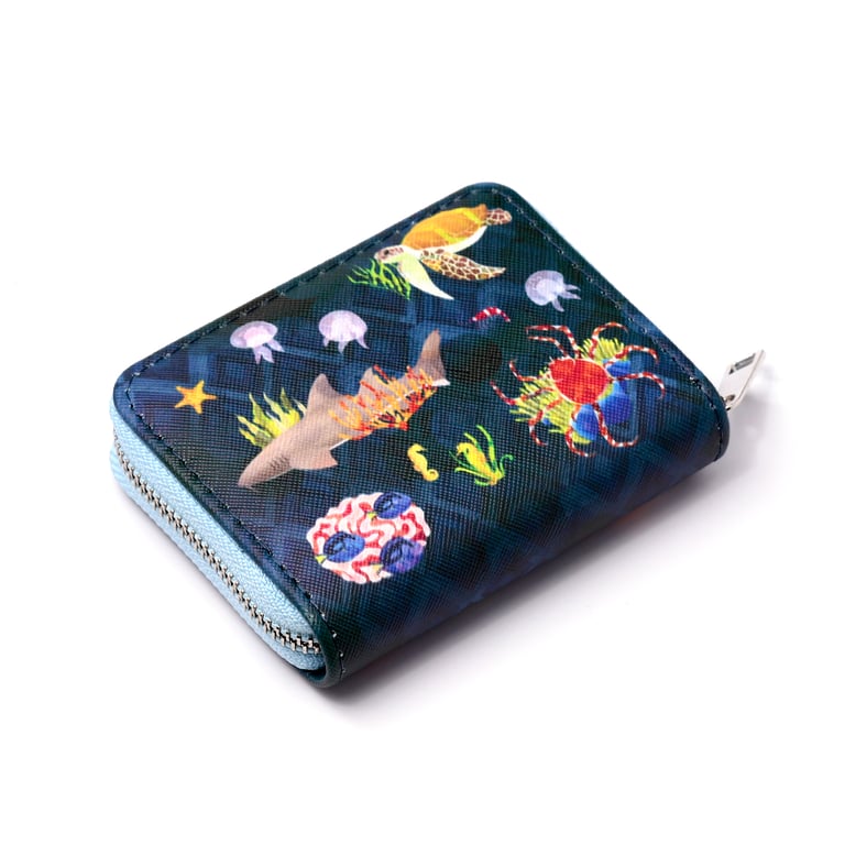 Marine Kingdom Small Zip Around Wallet - PVC & Polyester Oxford Cloth Construction with Metal Zip Closure