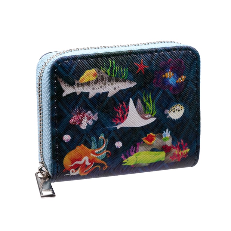 Marine Kingdom Small Zip Around Wallet - PVC & Polyester Oxford Cloth Construction with Metal Zip Closure