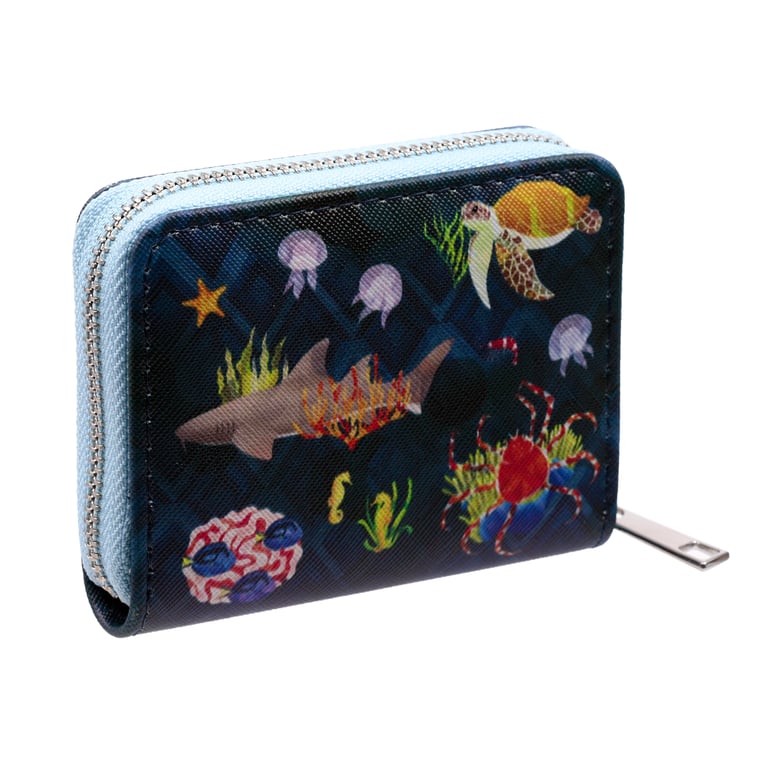 Marine Kingdom Small Zip Around Wallet - PVC & Polyester Oxford Cloth Construction with Metal Zip Closure