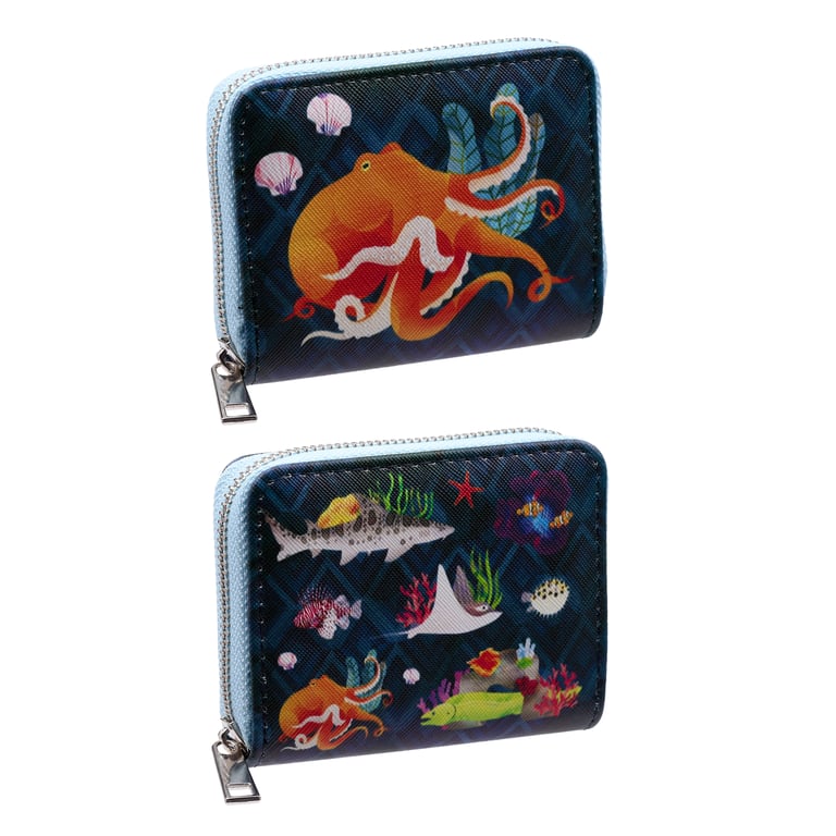 Marine Kingdom Small Zip Around Wallet - PVC & Polyester Oxford Cloth Construction with Metal Zip Closure