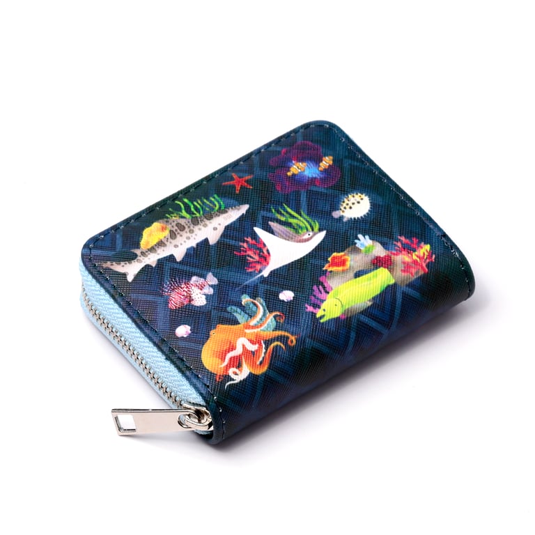Marine Kingdom Small Zip Around Wallet - PVC & Polyester Oxford Cloth Construction with Metal Zip Closure