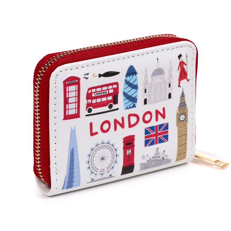 Small Zip Around Wallet - PVC & Polyester Oxford Cloth London Souvenir Wallet with Metal Zip Closure