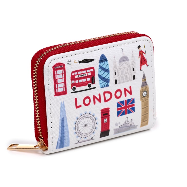 Small Zip Around Wallet - PVC & Polyester Oxford Cloth London Souvenir Wallet with Metal Zip Closure