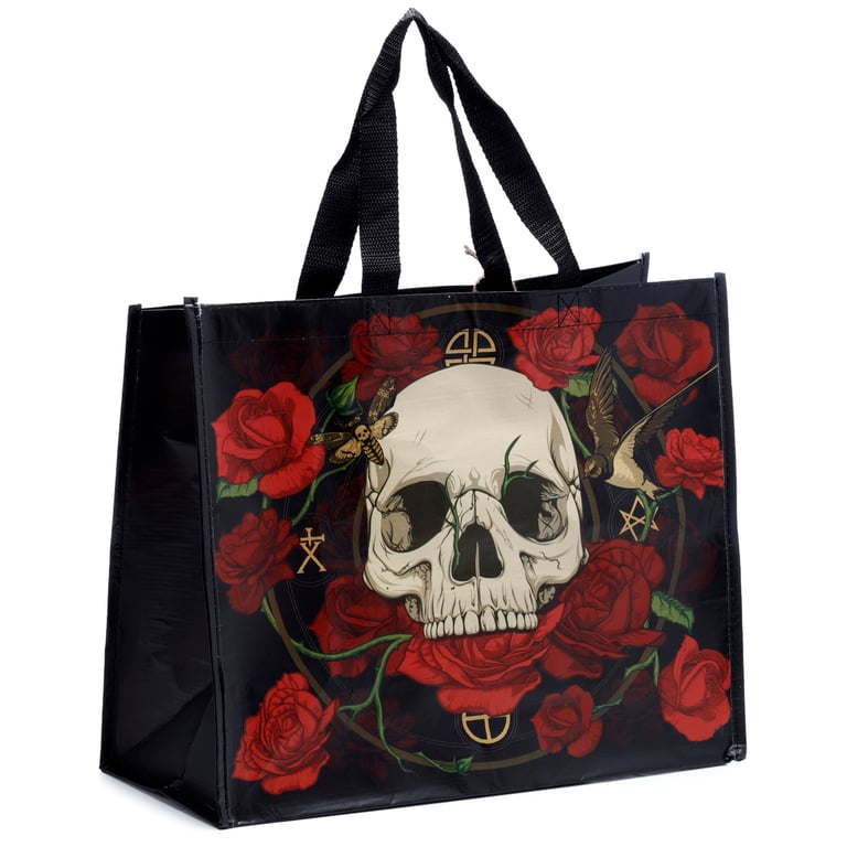 RPET Recycled Plastic Bottle Reusable Shopping Bag - Eco-Friendly with Skulls and Roses Design
